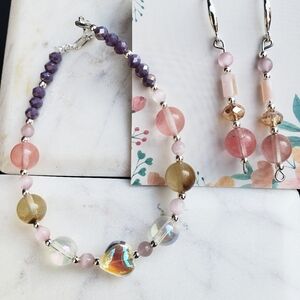 NWT 925 sterling silver PINK QUARTZ HEART SET BRACELET EARRINGS 1" PINK CLEAR